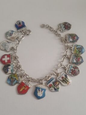 Vtg 800 & Sterling 15 European cities colorful enamel charm bracelet 17.4grms